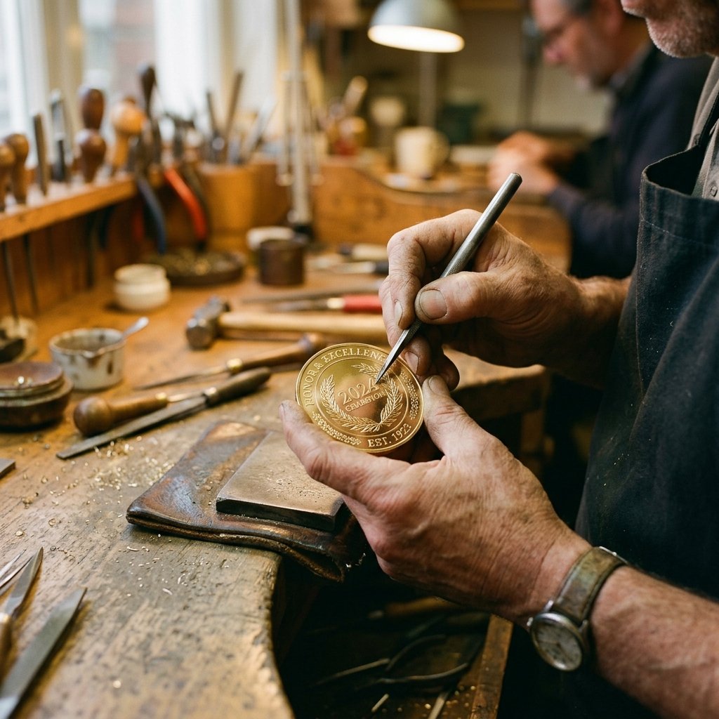 Craftsman hand-polishing a custom gold medal at Ishan Industries workshop